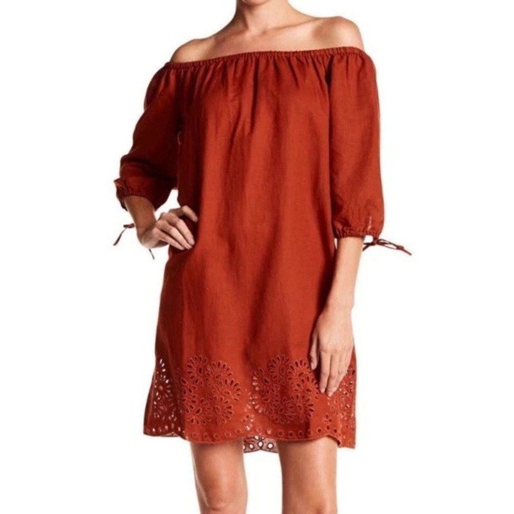 J.Crew Off Shoulder Dress Womens S  Burnt orange Linen Cotton Blend Lightweight